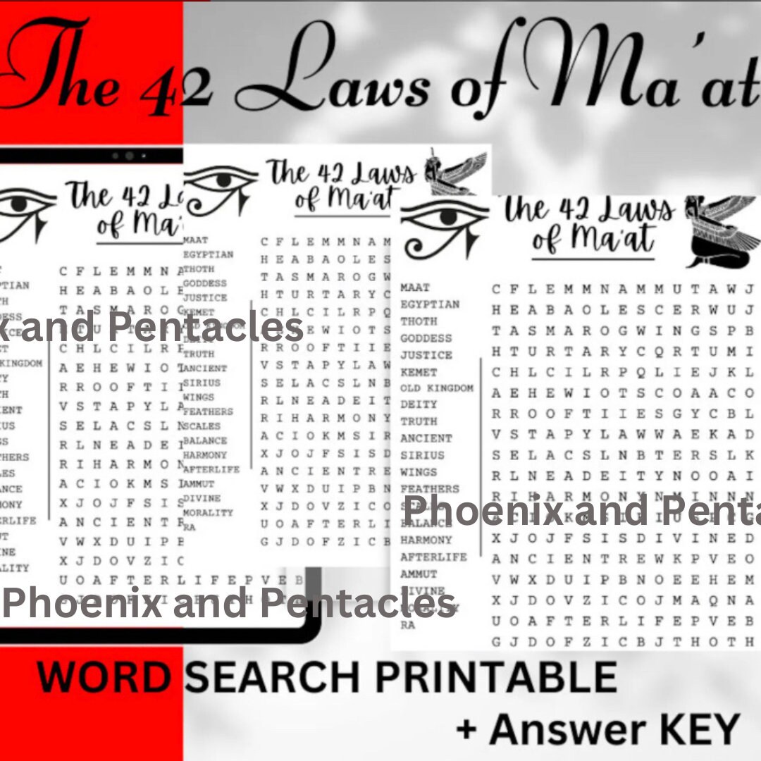 The 42 Laws of Ma'at Word Search, Puzzle, Word Search, Goddess Ma'at, 8 ...