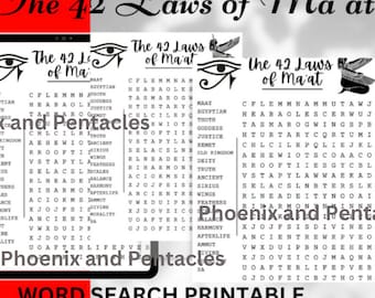 The 42 Laws of Ma'at Word Search, Puzzle, Word Search, Goddess Ma'at, 8.5x11., PDF, PDF Download, Answer Key is included.