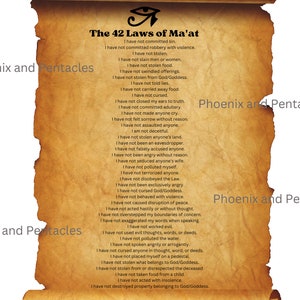 May include: A scroll with a tan background and rolled edges displays the text "The 42 Laws of Ma'at" in black. The text is a list of moral principles. The scroll has a hieroglyphic eye symbol at the top.