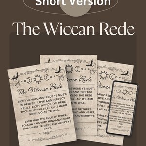 May include: An image featuring three aged paper prints and a smartphone displaying "The Wiccan Rede" text. The prints have decorative borders with moons, suns, and bats. The background is a dark brown.