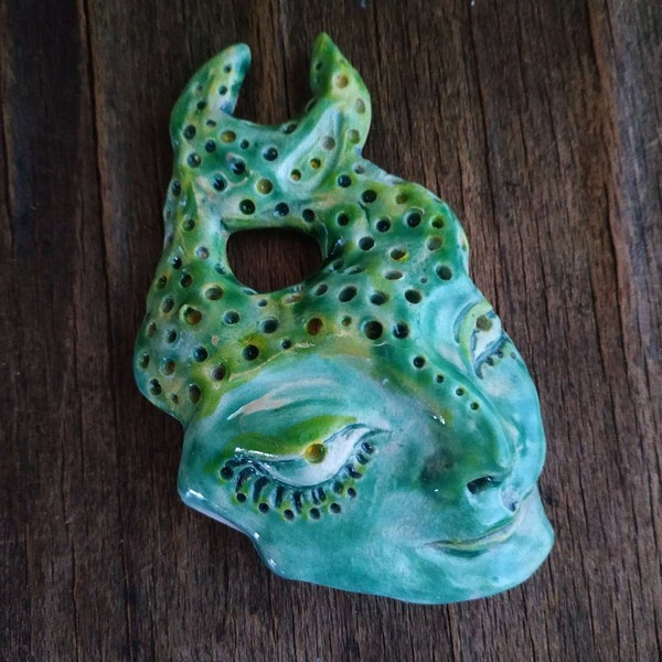 Ceramic Fairy - OOAK Wall Hanging, Green Face