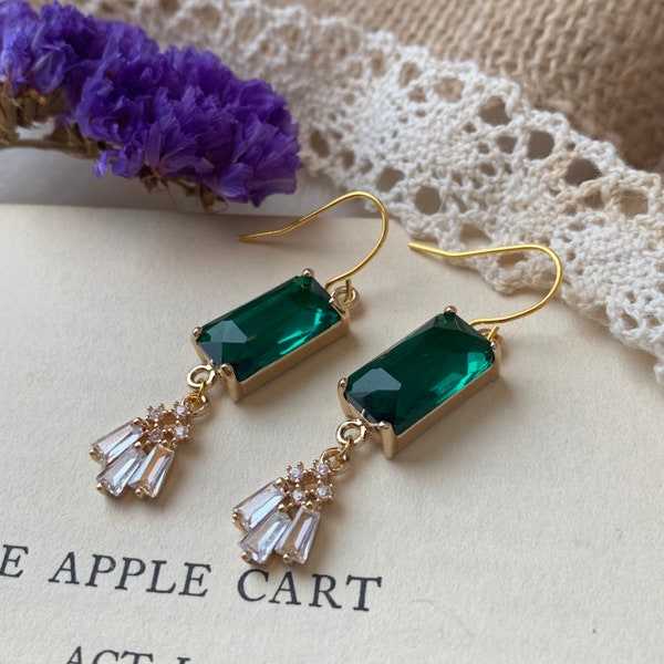 Emerald Vintage Style Earrings; Emerald Art Deco Earrings, , Gift for Her