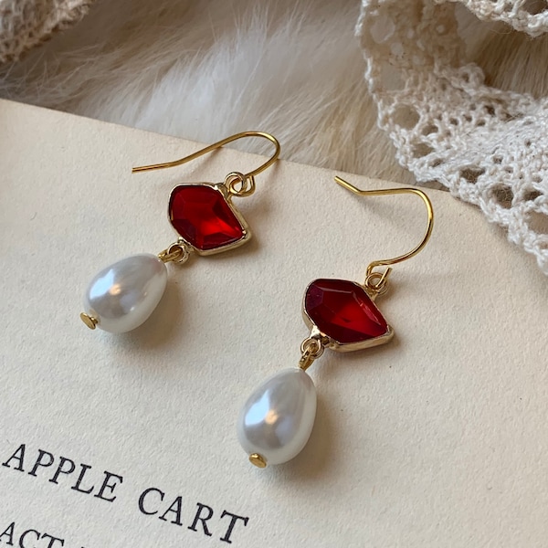 Ruby and Pearl Earrings, Ruby Earrings, Pearl Earrings, May Birthstone, Ruby jewellery.