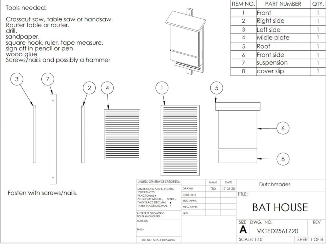 Exploded View Bat Box Construction Drawing for Bat Box | Blueprint - Etsy