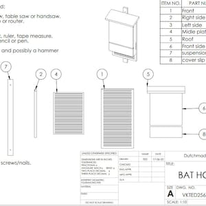 May include: A black and white line drawing of a bat house with a parts list and instructions for assembly. The bat house is made of wood and has a roof, a front side, a right side, a left side, a middle plate, a suspension, and a cover slip. The drawing includes dimensions and tolerances.
