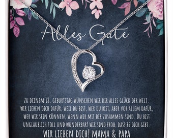 18 Geburtstag personalisierbare 14K Weißgold Herz Halskette mit personalisierter Glückwunschkarte für Tochter Enkelin Nichte Patenkind