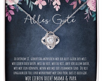 18 Geburtstag personalisierbare 14K Weißgold Love Knot Halskette mit personalisierter Glückwunschkarte für Tochter Enkelin Nichte Patenkind