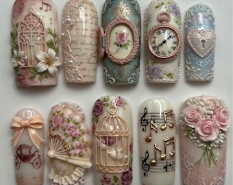 Rococo Aesthetic Press On Nails | 3D Musical Note & Rose Nails | Vintage Birdcage Clock Fake Nails | Shabby Chic Lace Nails