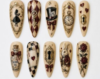 Handmade Dark Academia Press On Nails | Wonderland Vintage Gothic Fantasy | Antique Storybook Mismatched Fake Nails
