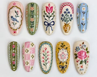 Handmade Cottagecore Press On Nails | Vintage Folk Art Floral Botanical Nail Design | Pastel Hand Painted Almond Fake Nails