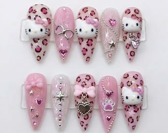 Handmade Cute Coquette Press On Nails | Pink Hello Kitty Leopard Heart Nail Art | Girly Y2K Bling Stiletto Fake Nails