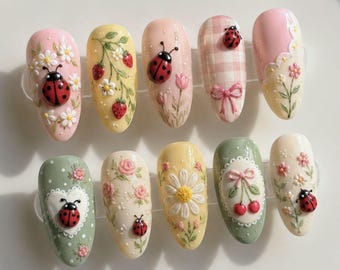 Handmade Cottagecore Garden Press On Nails | Ladybug Strawberry Daisy Cherry Floral Art | Cute Pastel Spring Fake Nails