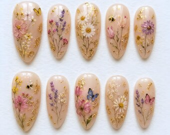 Handmade Floral Garden Press On Nails | Botanical Daisy Lavender Bee Butterfly Nail Art | Gold Leaf Nude Almond Nails