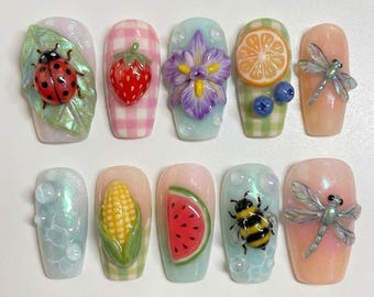 Handmade 3D Garden Insect and Fruit Press On Nails | Cute Bee Ladybug Dragonfly Fake Nails | Kawaii Summer Watermelon Gel Nails
