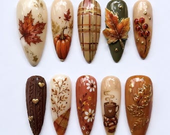 Handmade Cozy Autumn Press On Nails | Hand Painted Maple Leaves Coffee Pumpkin Plaid Art | Earth Tone Luxury Almond Fake Nails