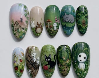 Handmade Ghibli Forest Press On Nails | Totoro Kodama Woodland Hand Painted Art | Cottagecore Nature Fantasy Fake Nails