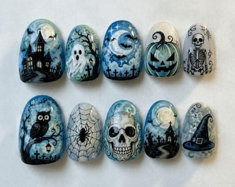 Handmade Gothic Halloween Press On Nails | Pumpkin Ghost Skull Witchy Cemetery Art | Blue Black Cute Short Almond Fake Nails