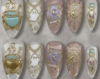 Whimsigoth Press On Nails | Pastel Witchy Fake Nails | Cute Ghost Halloween Nails | Gold Celestial Nails | Magic Potion Nails