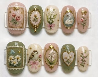 Handmade Vintage Botanical Press On Nails | Cottagecore Floral Bird Swan Art | Romantic Victorian Gold Frame Fake Nails