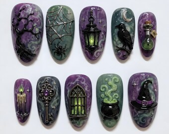 Handmade Gothic Halloween Press On Nails | Witch Hat Raven Lantern Potion Nail Art | Spooky Purple Green Fake Nails