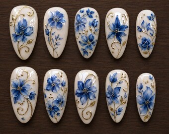 Handmade Blue White Floral Press On Nails | Delft Porcelain Inspired Flower Nail Art | Elegant Gold Detail Almond Fake Nails