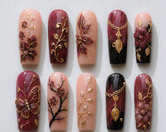 Handmade Vintage Floral Press On Nails | Burgundy Black Nude 3D Flower Gold Leaf Art | Luxury Botanical Long Coffin Fake Nails
