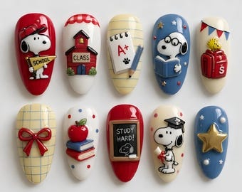 Handmade Snoopy School Press On Nails | Back To School Notebook Apple Book Art | Cute Cartoon Teacher Student Fake Nails