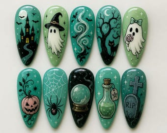 Handmade Cute Halloween Press On Nails | Kawaii Ghost Pumpkin Witchcore Nail Art | Spooky Mint Green Almond Fake Nails