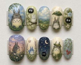 Handmade Totoro Press On Nails | Studio Ghibli Inspired Forest Cottagecore Oil Painting Art | Whimsical Nature Handmade Fake Nails