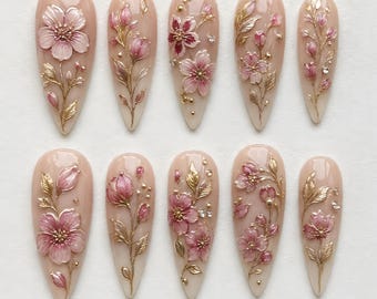 Handmade Romantic Floral Press On Nails | Pink Cherry Blossom Gold Botanical Art | Luxury Nude Almond Fake Nails