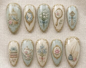 Handmade Vintage Victorian Press On Nails | Antique French Cottagecore Floral Art | Elegant Gold Frame Sage Green Fake Nails