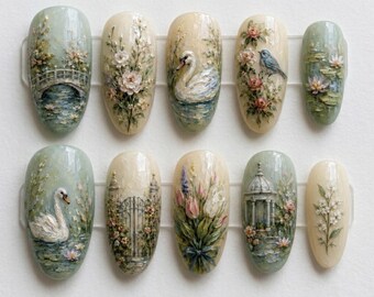 Handmade Vintage Botanical Press On Nails | Swan Lake Garden Cottagecore Art | Elegant Floral Hand Painted Almond Fake Nails