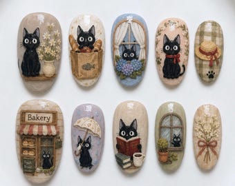 Handmade Cottagecore Cat Press On Nails | Inspired Bakery Floral Window Art | Cute Vintage Storybook Fake Nails
