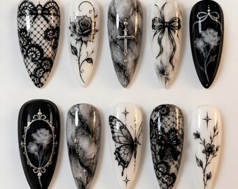 Handmade Gothic Coquette Press On Nails | Black White Lace Marble Cross Floral Art | Dark Romantic Victorian Fake Nails