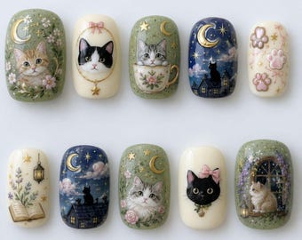 Handmade Cute Cat Press On Nails | Moonlit Cottagecore Floral Kitten Art | Whimsical Vintage Short Square Fake Nails