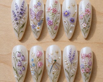 Handmade Lavender Garden Press On Nails | 3D Floral Butterfly Nature Inspired Art | Elegant Pearl Botanical Almond Fake Nails