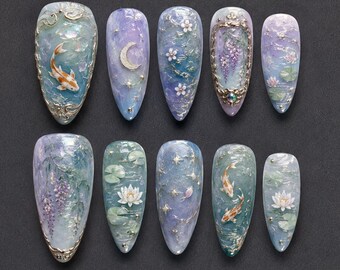 Handmade Japanese Garden Press On Nails | Koi Fish Water Lily Wisteria Floral Art | Dreamy Blue Purple Luxury Fake Nails