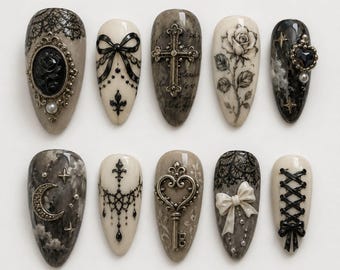 Handmade Gothic Vintage Press On Nails | Black Lace Cross Rose Key Gothic Art | Dark Academia Victorian Fake Nails