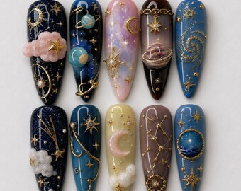 Handmade Galaxy Universe Press On Nails | Celestial Moon Planet Constellation Art | Dreamy Cosmic Gold Long Stiletto Fake Nails