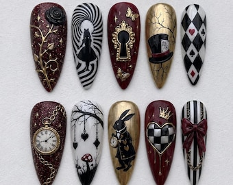 Handmade Gothic Press On Nails | Wonderland Queen Rabbit Pocket Watch Art | Burgundy Black Gold Luxury Stiletto Fake Nails