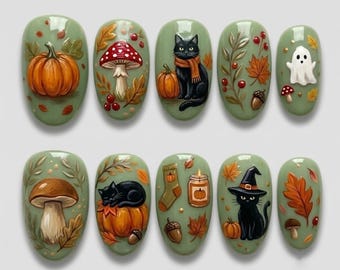 Handmade Autumn Halloween Press On Nails | Cute Pumpkin Black Cat Ghost Nail Art | Cozy Forest Cottagecore Short Almond Fake Nails