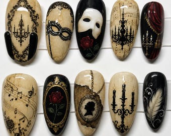 Handmade Vintage Opera Press On Nails | Dark Academia Gothic Rose Candle Music Art | Elegant Black Almond Fake Nails