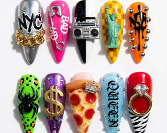 NYC Street Style Press On Nails | 3D Pizza and Boombox Fake Nails | Edgy Gold Chain Punk Nails | Funky Hip Hop False Nails