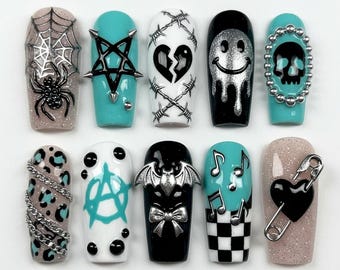Teal Pastel Punk Press On Nails | 3D Skull Spider Web Fake Nails | Anarchy Symbol Emo Nails | Gothic Coffin Glue On Nails