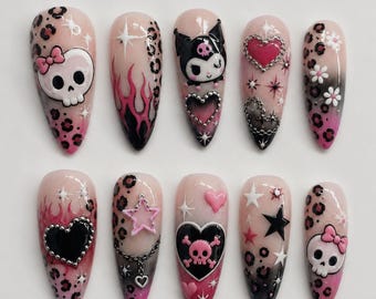 Handmade Gothic Kawaii Press On Nails | Pink Black Skull Heart Leopard Star Nail Art | Y2K Coquette Cute Goth Fake Nails