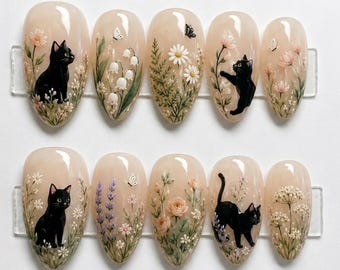 Handmade Cottagecore Black Cat Press On Nails | Wildflower Botanical Garden Nature Art | Cute Floral Beige Almond Fake Nails