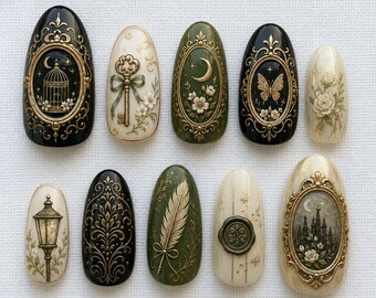 Handmade Vintage Gothic Press On Nails | Dark Academia Moon Butterfly Floral Art | Antique Victorian Green Black Fake Nails
