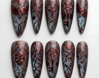 Handmade Dark Academia Press On Nails | Gothic Skull Cross Antique Key Death Moth Design | Gray Metallic Copper Stiletto Fake Nails