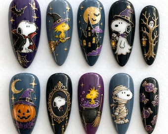 Handmade Halloween Snoopy Press On Nails | Cute Ghost Witch Pumpkin Haunted House Art | Spooky Cartoon Mismatched Almond Fake Nails