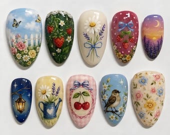 Handmade Cottagecore Press On Nails | Floral Strawberry Bird Lavender Hand Painted Art | Spring Garden Mismatched Fake Nails